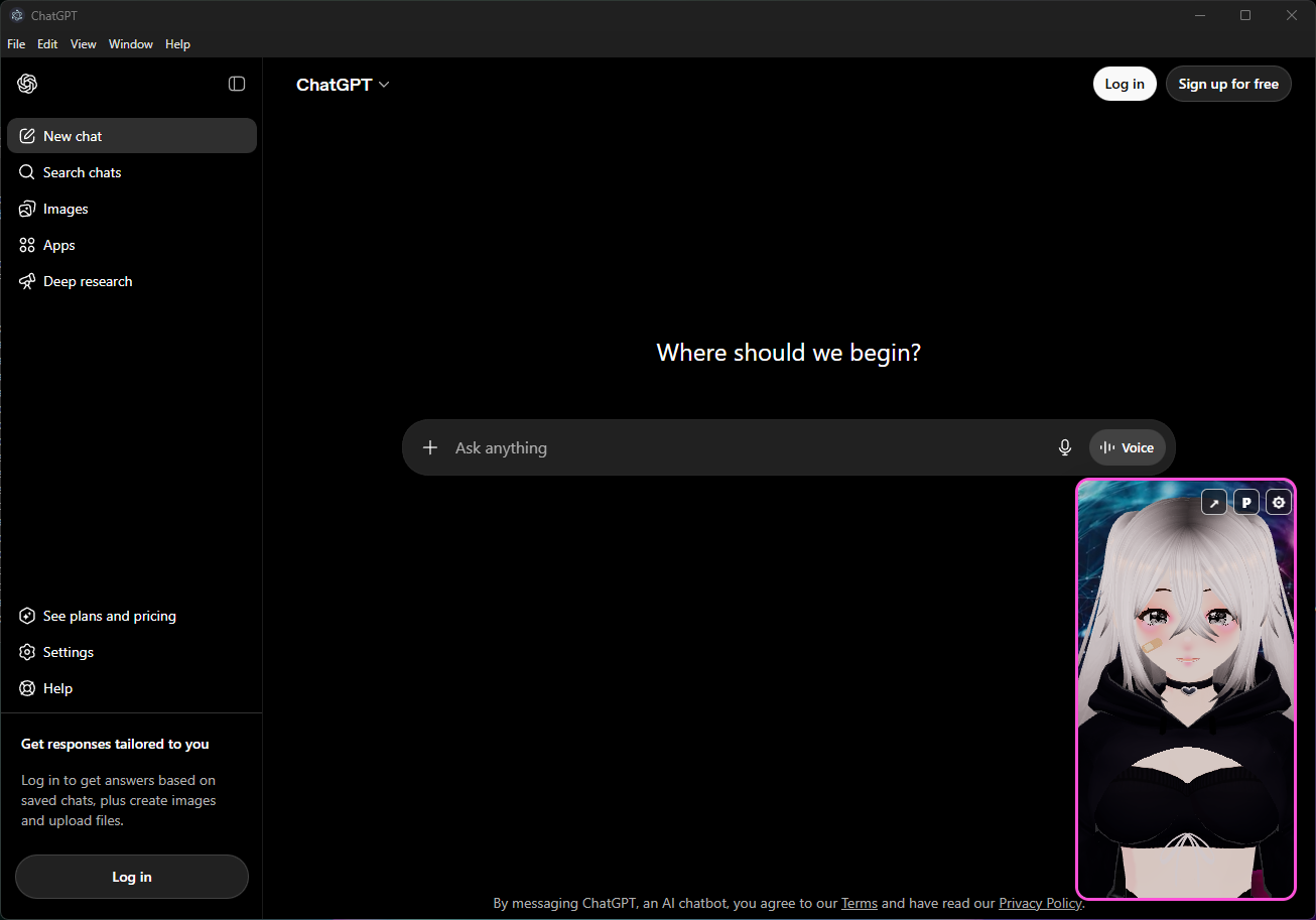 FaiCE running ChatGPT with a character avatar overlay in the bottom-right corner.